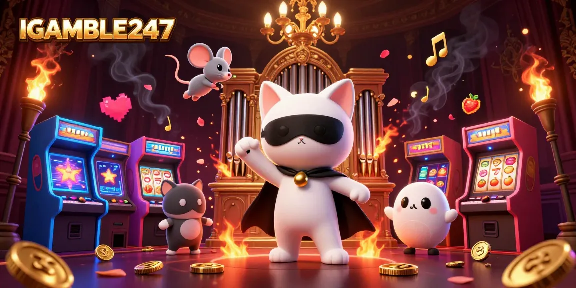 Play slots at IGAMBLE247 for big wins, featuring a vibrant casino scene with characters and games.