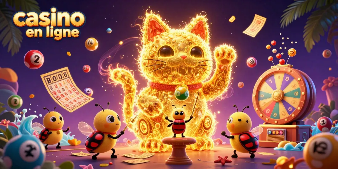 Jouer au casino en ligne avec une illustration remplie de feux follets dorés et de symboles de jeux.