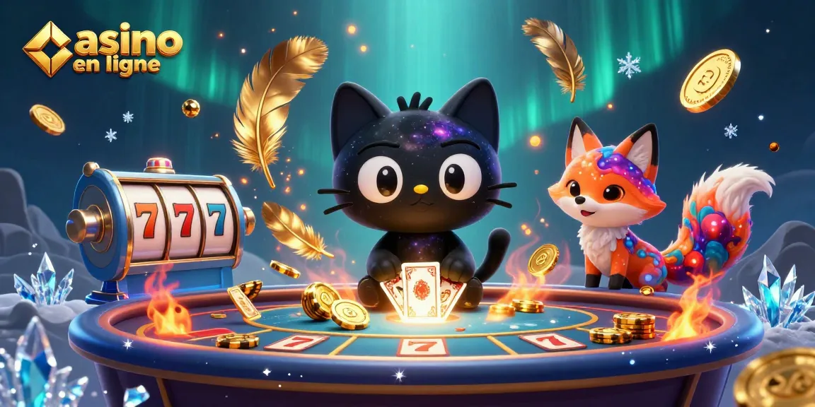 Illustration dynamique d'un casino en ligne avec un chat noir et une fouine nébuleuse au centre, attirant des jetons d'or.
