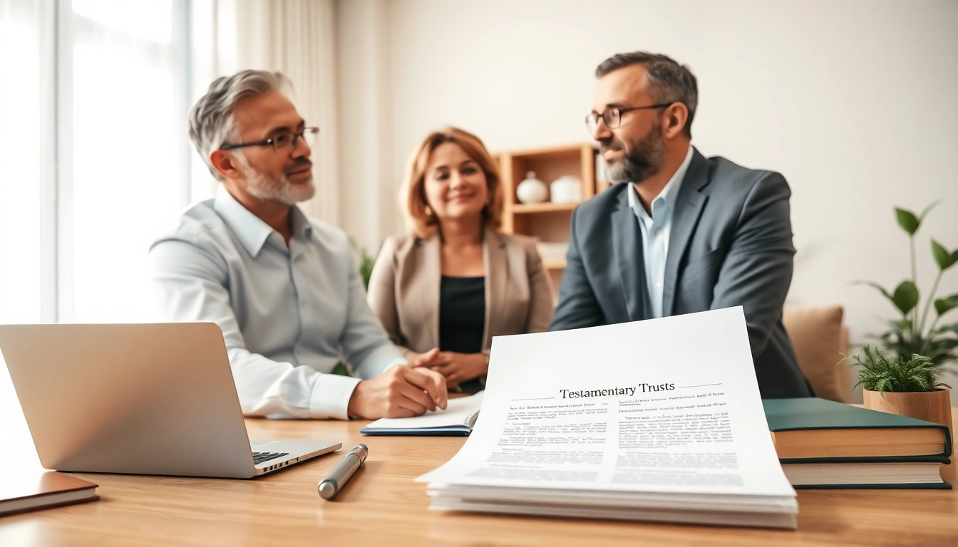 Lawyer discussing testamentary trusts with a couple, highlighting legal documentation.