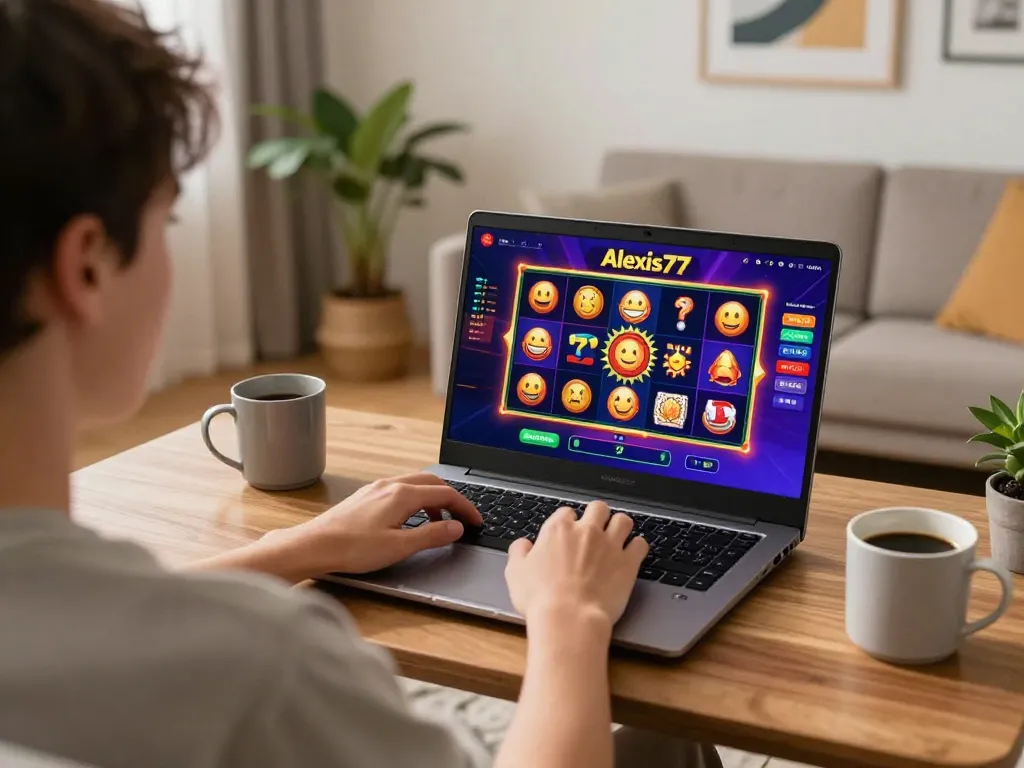Player engaging with online slots on Alexis77 platform in a cozy home setup.