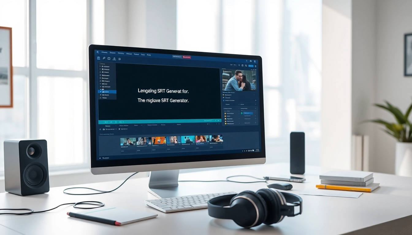 Generate subtitles effortlessly with SRT Generator in a modern workspace setup featuring a computer interface.