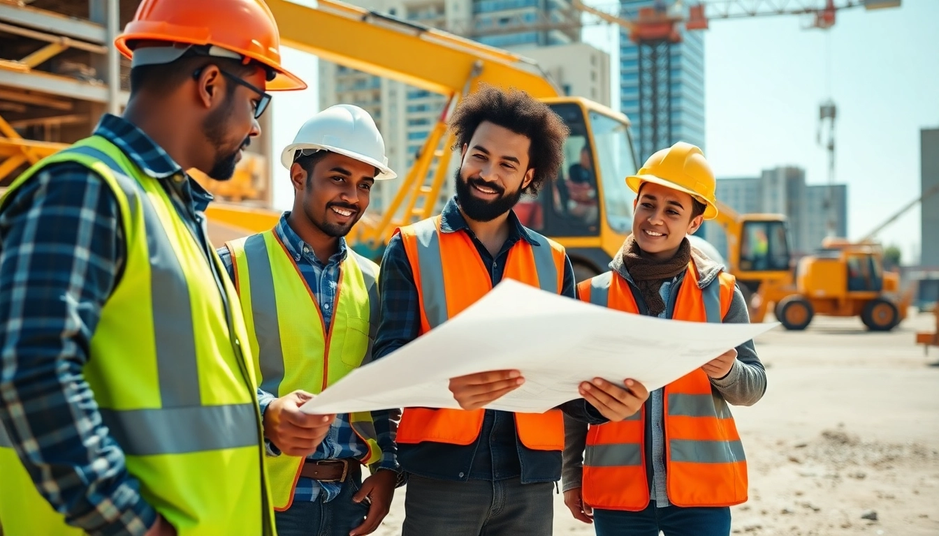 Engaging construction workforce development project with diverse professionals collaborating on site.