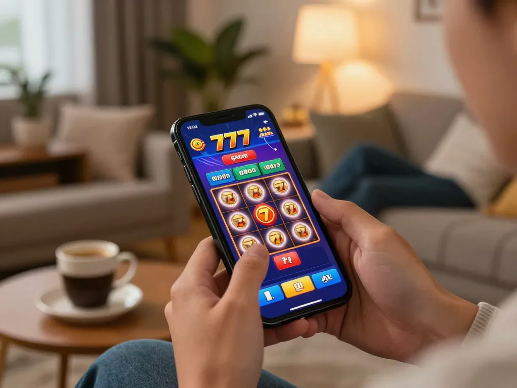 Playing slot777 gacor on a smartphone in a cozy home setting with friendly vibes.