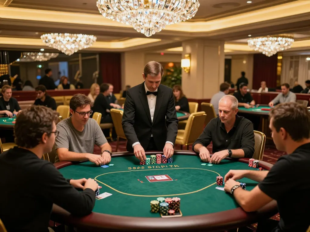 Engaged players strategizing at poker tables in an upscale casino with BK888 gaming elements.