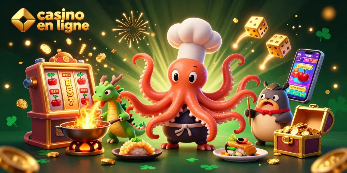 Illustration divertissante de casino en ligne avec un octopus chef préparant des plats dorés.