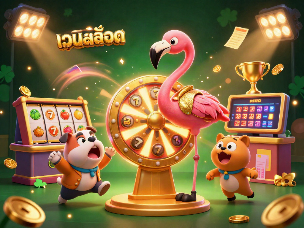Engage with เว็บสล็อต as the flamingo host spins the prize wheel amidst vibrant casino elements.