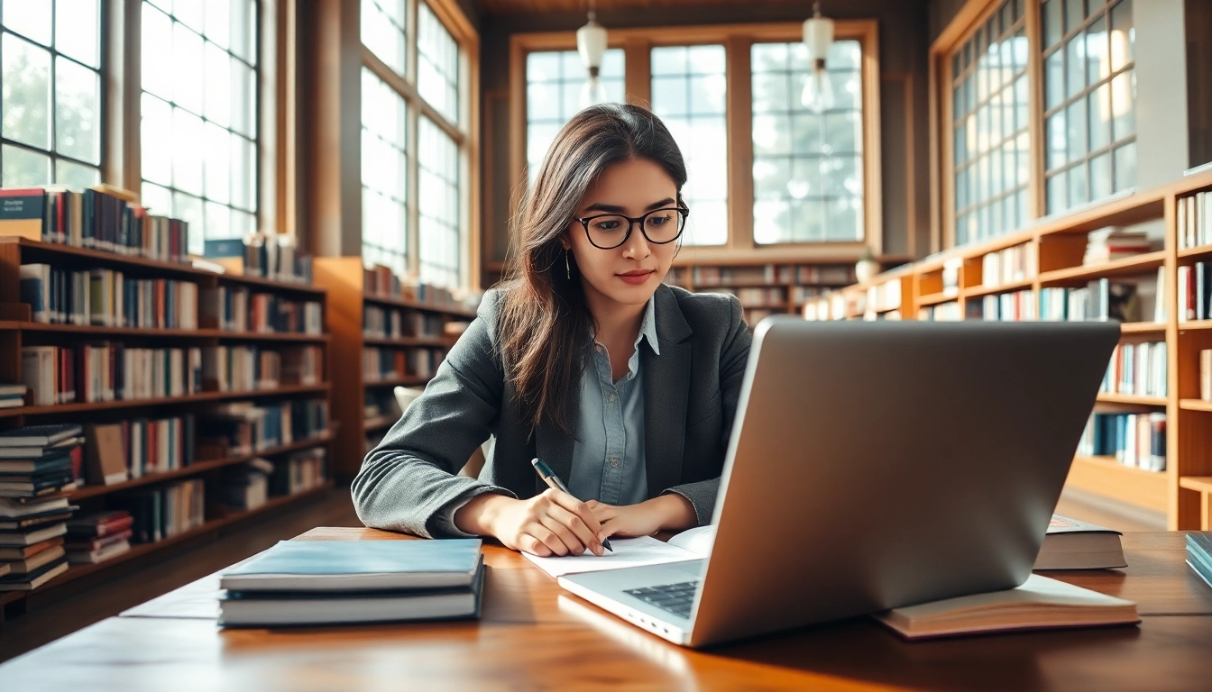 Pay someone to take toefl while studying in a cozy library with warm tones.