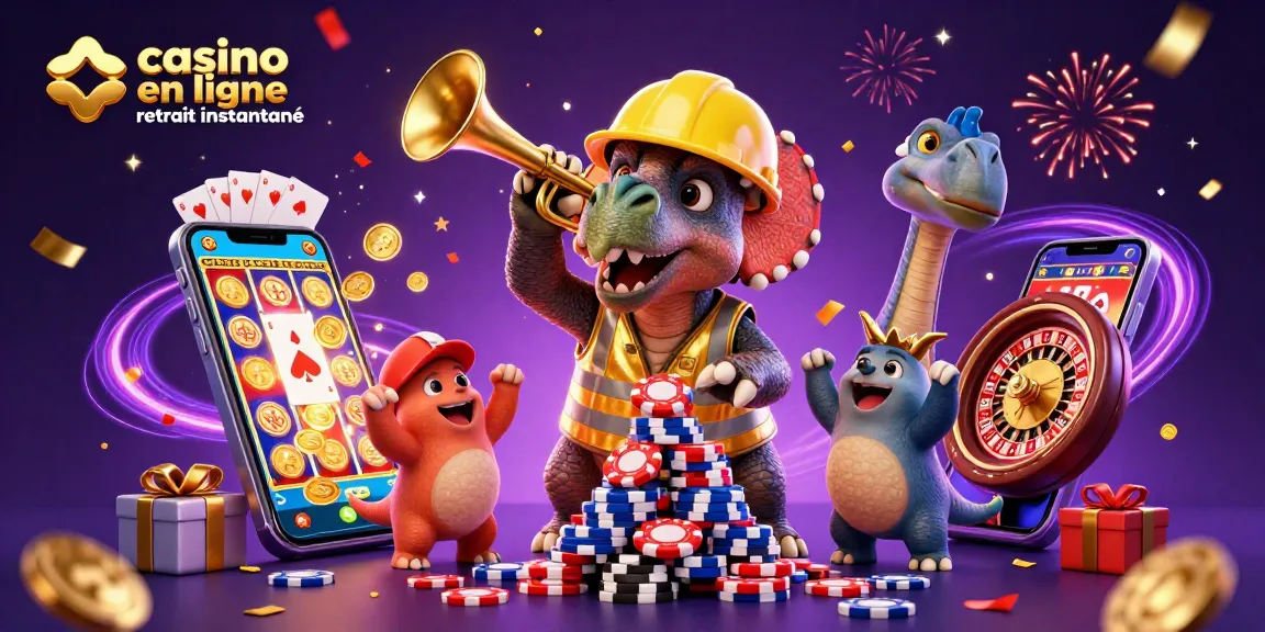 Casino en ligne retrait instantané avec un triceratops construisant une pyramide de jetons de poker et un parasaurolophus en célébration
