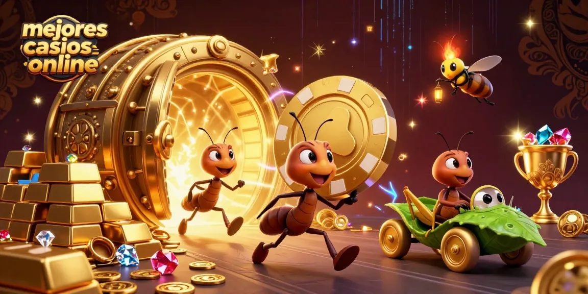 Explora los mejores casinos online mientras un equipo de hormigas realiza un robo audaz con un ficha de póker gigante.