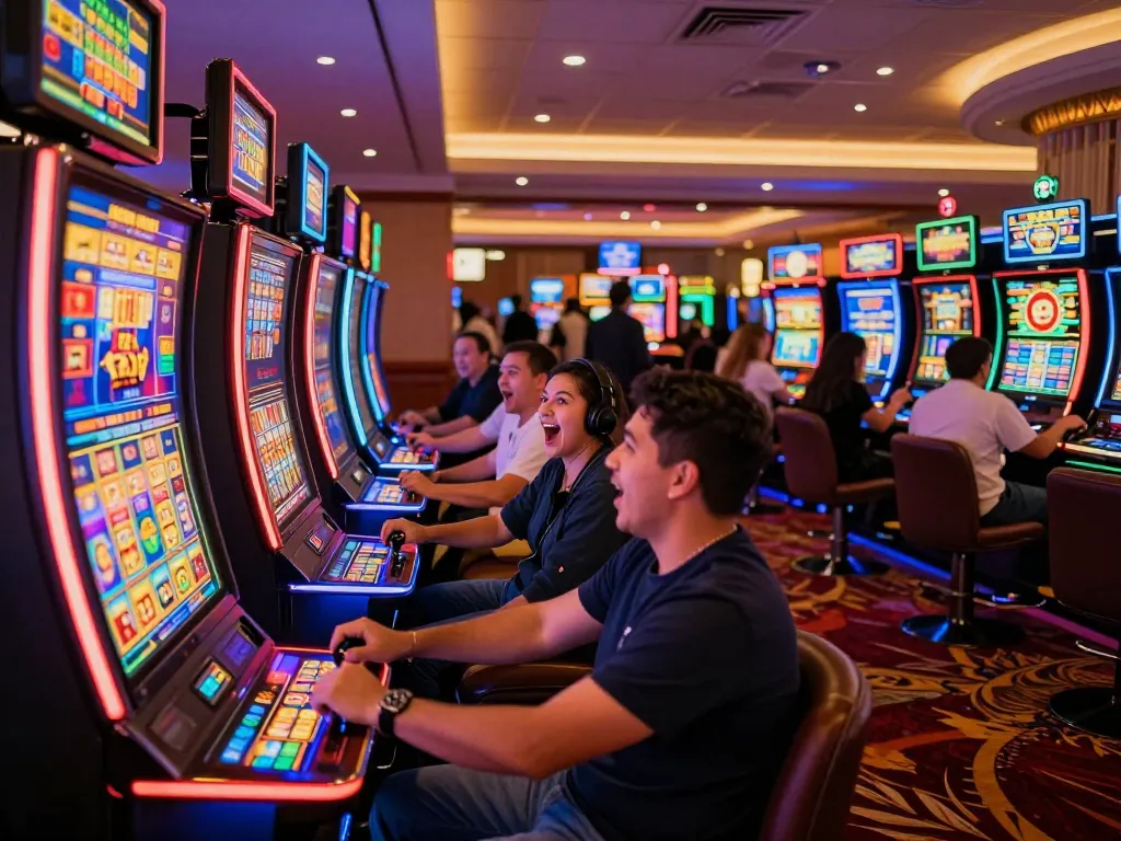Engaging players celebrate wins at vibrant gajah toto slot machines in a dynamic casino