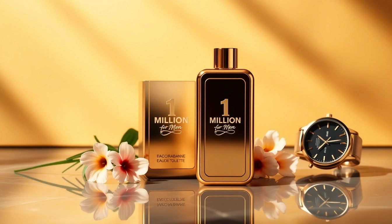 Showcasing Paco Rabanne 1 Million for Men Eau de Toilette in an elegant setting with golden hues.