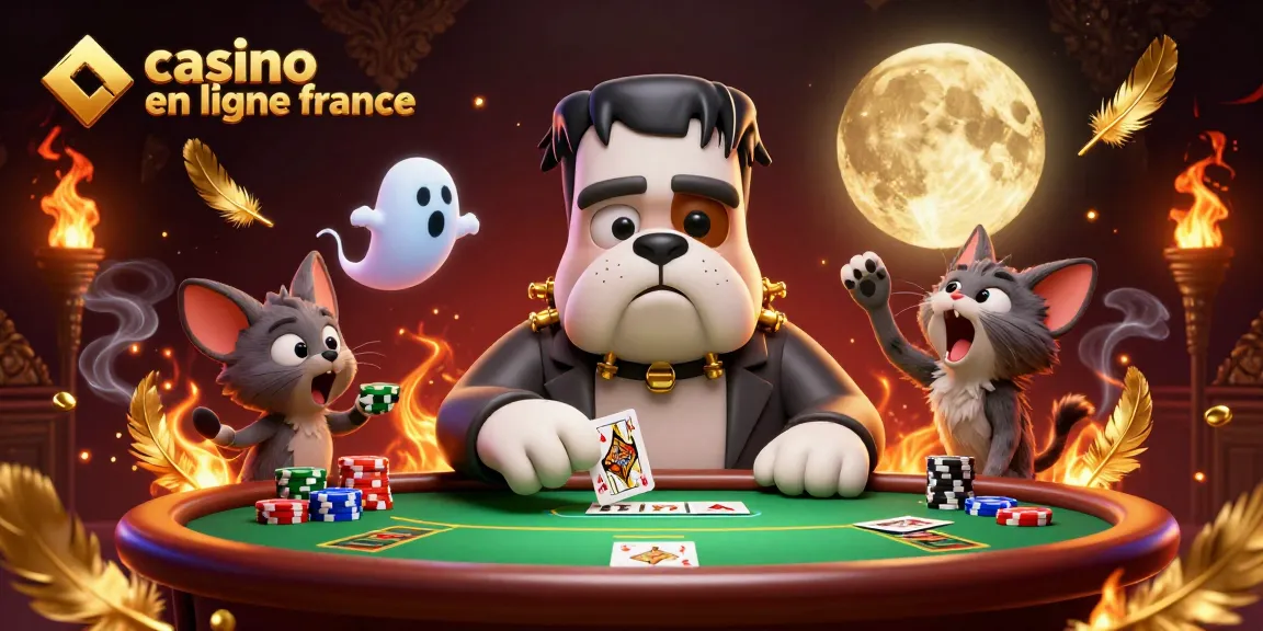 Le casino en ligne France met en scène un bulldog de Frankenstein jouant au poker, avec une ambiance mystérieuse.