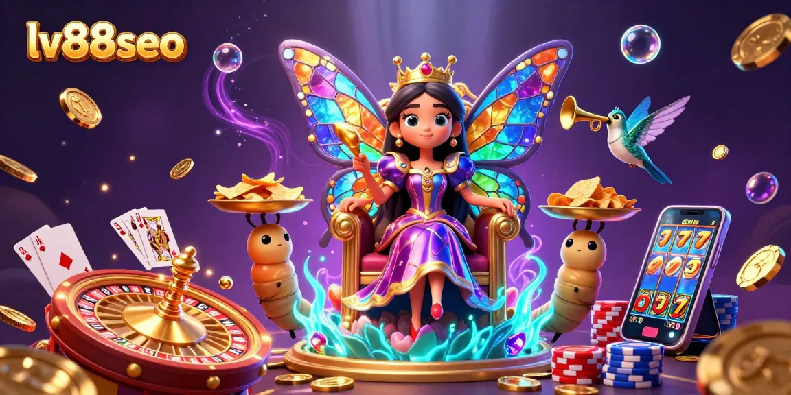 Experience the thrill of gambling with lv88seo as a 3D butterfly queen presides over a captivating casino scene.