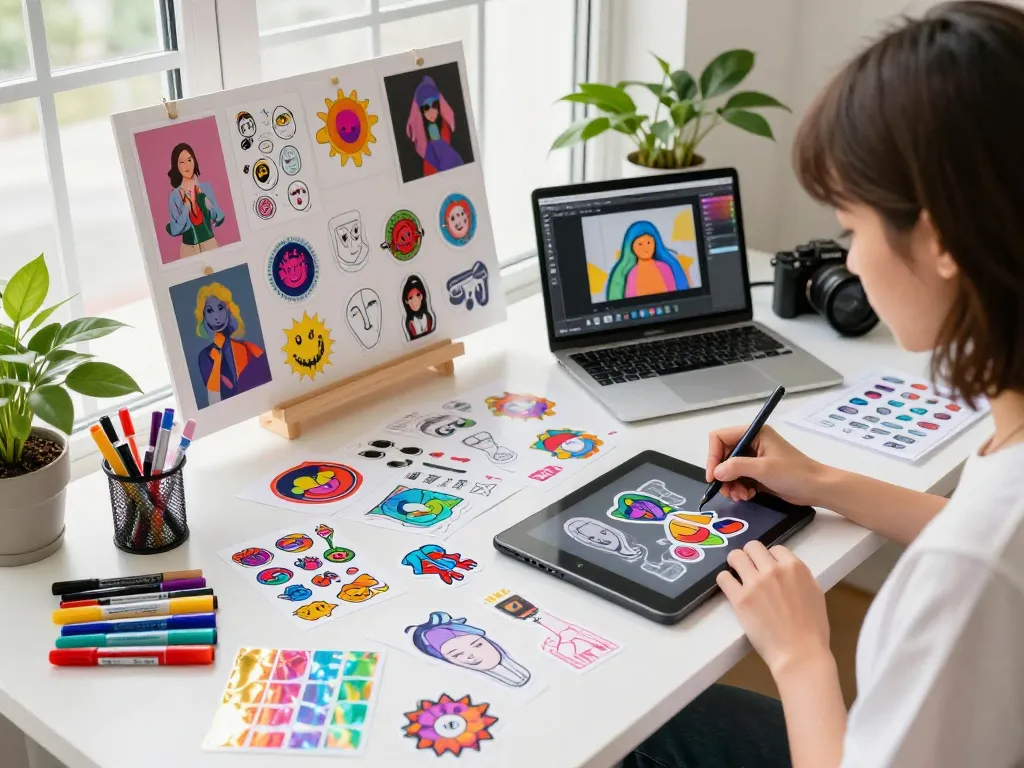 Designing custom stickers with vibrant colors and creative elements in a bright workspace.