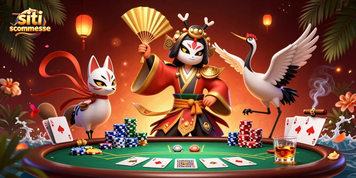 Siti scommesse avvincenti con una scena di gioco che include tavolo da poker e mazzi di fiches colorate.