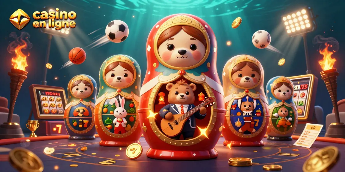 Les ours Matryoshka animés à un casino en ligne avec des symboles de jackpot.