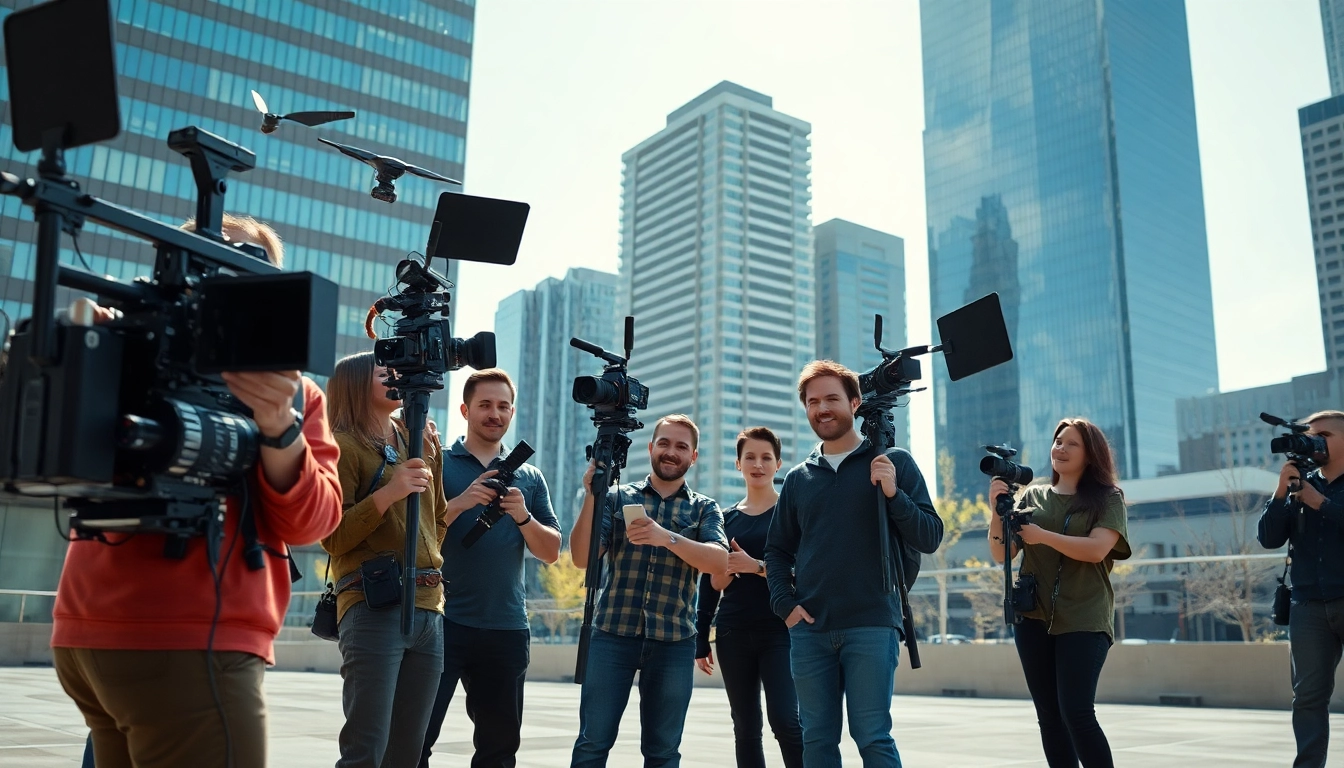 Video production Edmonton team collaborating in a vibrant urban setting with advanced equipment.