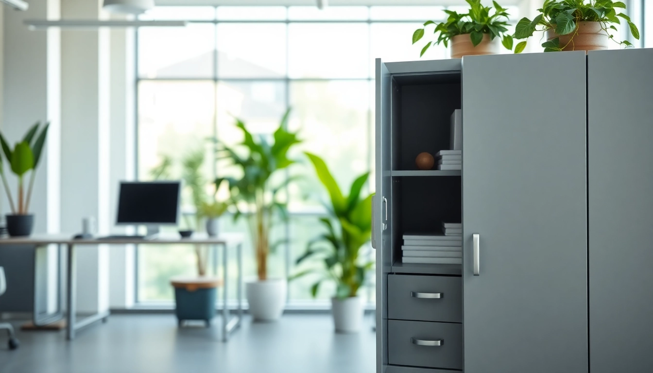 Organized steel cabinet in a modern office highlighting sleek design and functionality.