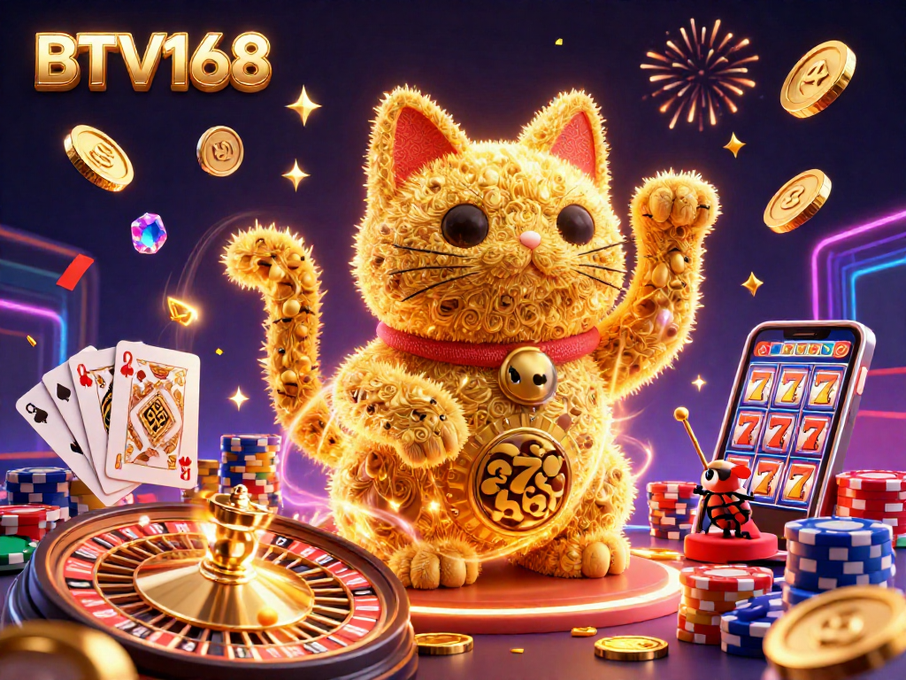 BTV168 players engage with a vibrant casino scene featuring a lucky cat formed by fireflies amidst dynamic game elements, showcasing excitement and casino action.
