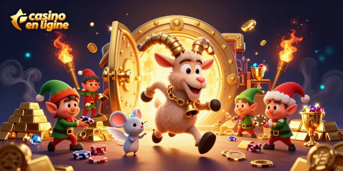 Casino en ligne avec un Krampus festif contrôlant un casino tout en or et des elfes espiègles.