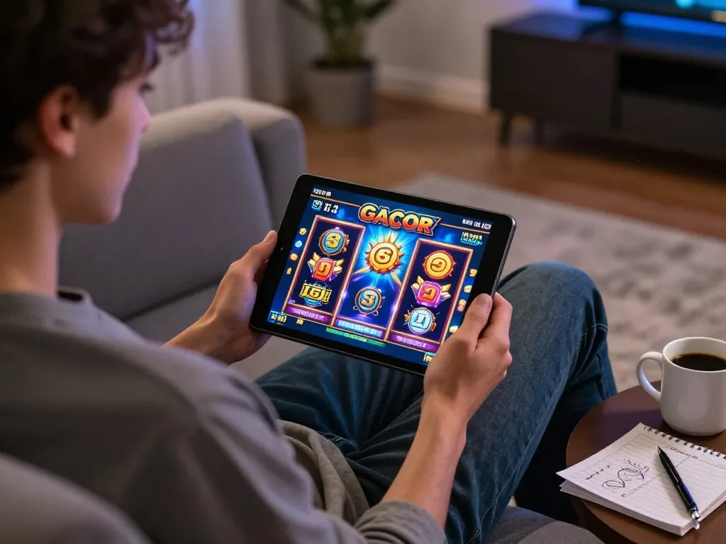 Enjoying slot gacor situs luar negeri on a tablet in a cozy home setup during an exciting gaming session.