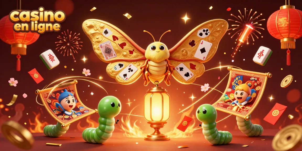 Un casino en ligne animé avec un papillon 3D et des jeux de casino en arrière-plan.