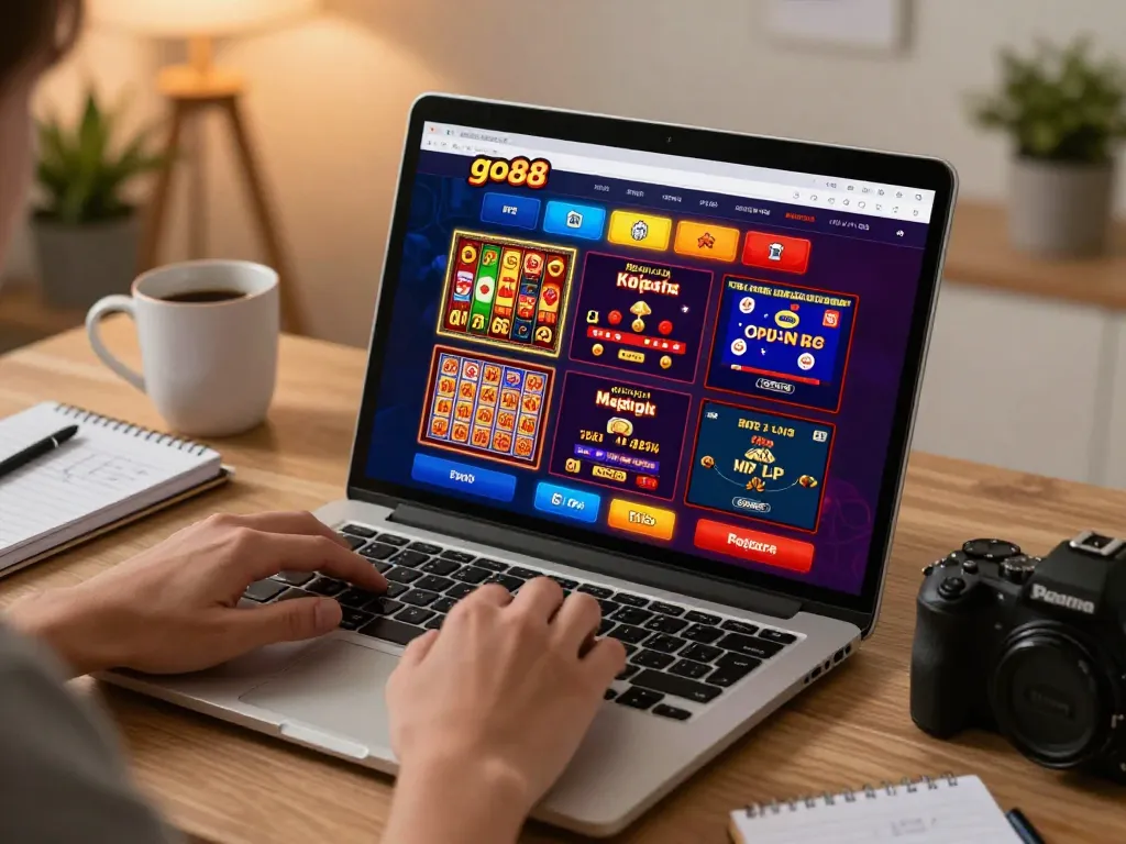 Engaging go88 play experience on an online casino setup at home with warm ambiance.