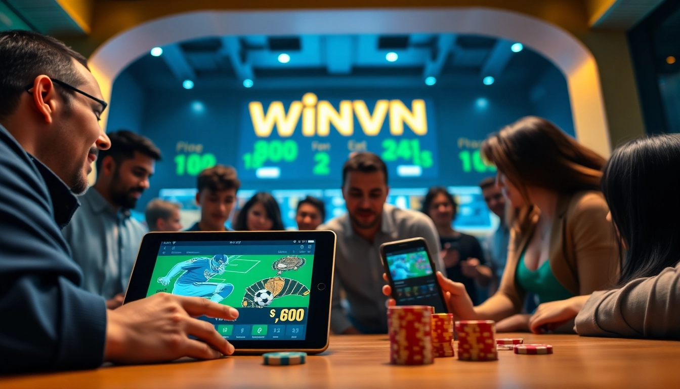 Link chính thức Winvn showcased on a vibrant online betting platform with players engaging happily.