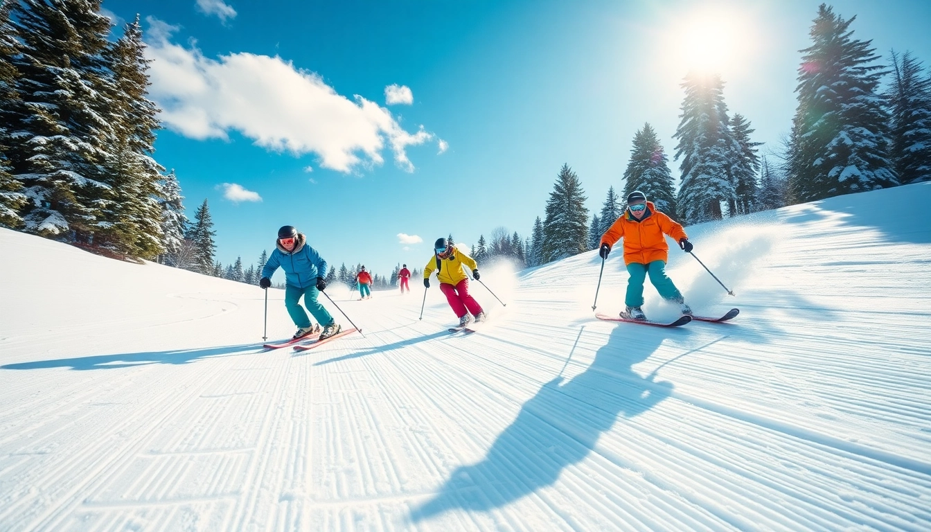 Skiers and snowboarders enjoying the snowy slopes of Andover, MA ski and snowboard area.