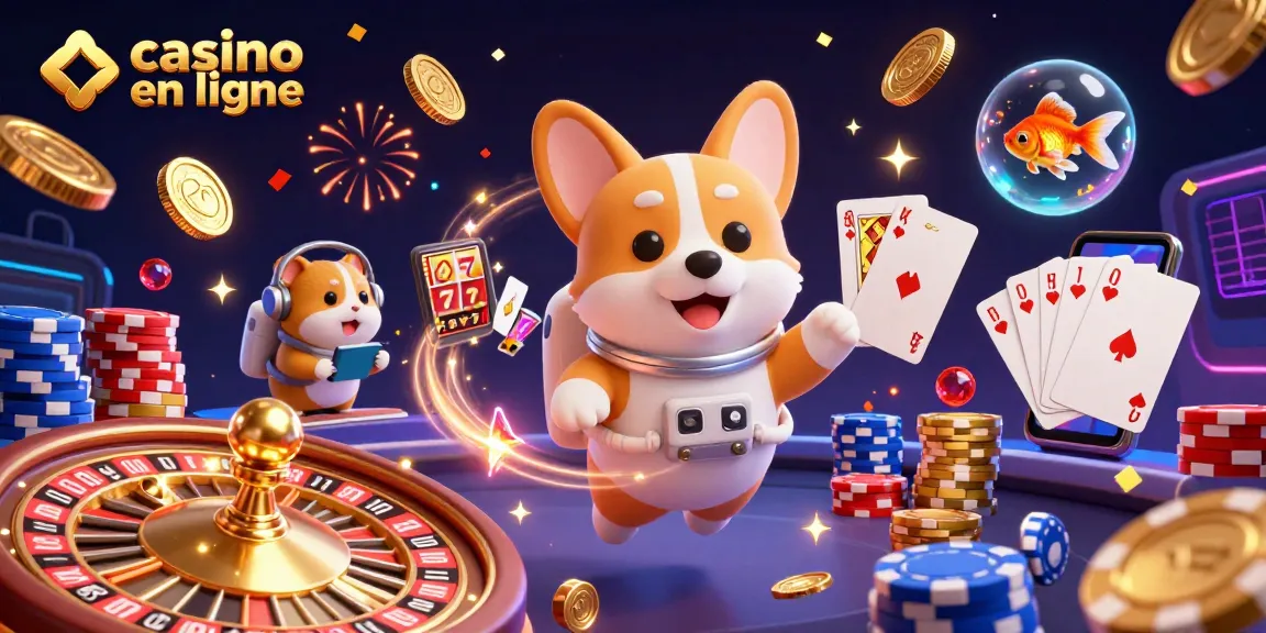 Un corgi astronaute dans un casino en ligne avec des jetons et des pièces flottantes.