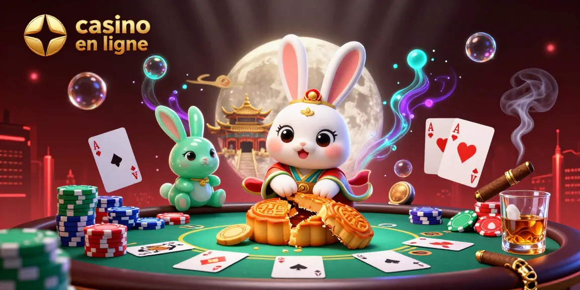 Jouer au casino en ligne avec un mystérieux lapin sur la lune entouré de jetons et de cartes.