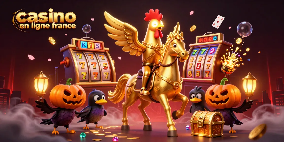 Illustration poker avec casino en ligne France, un coq doré et ses amis crows dans une ambiance nocturne.