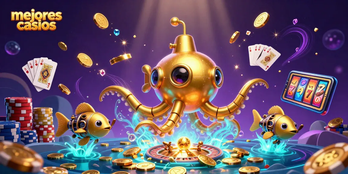 Visualiza los mejores casinos y vive la emoción con un submarino kraken en un mar de monedas.