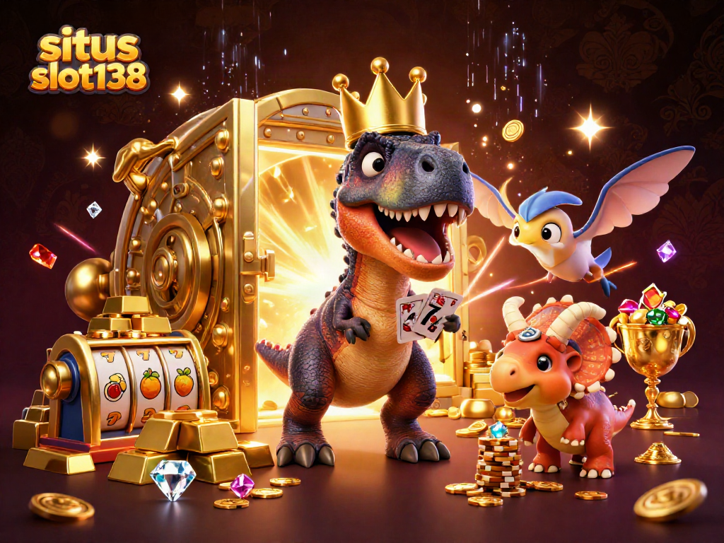 Experience the thrill of situs slot138 with animated characters enjoying a vibrant casino scene.
