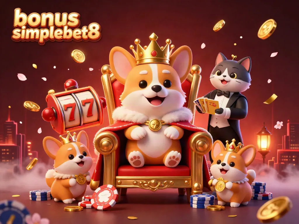 Experience the thrill of bonus simplebet8 with a royal corgi and cat butler amidst dynamic casino elements.