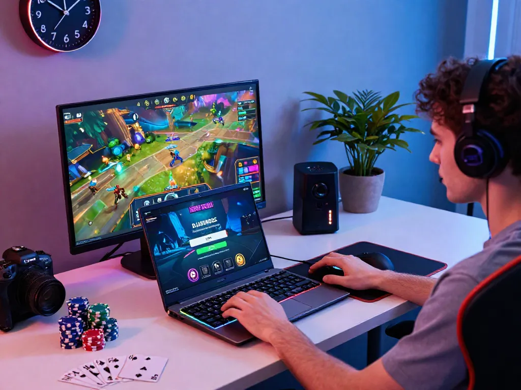 User engaging with DJARUMBOS LOGIN on a sleek gaming desk with vibrant accessories.
