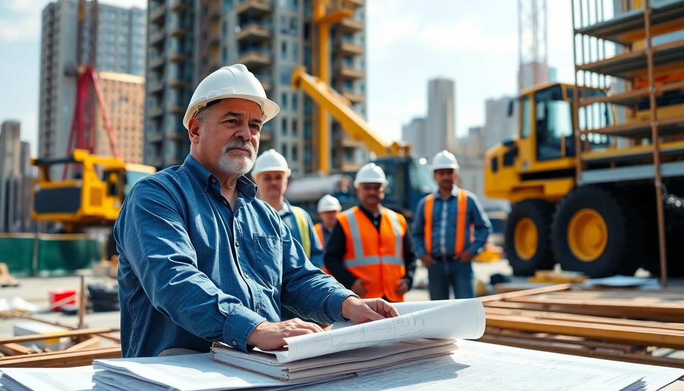 New York General Contractor managing an energetic construction site with workers and heavy machinery.