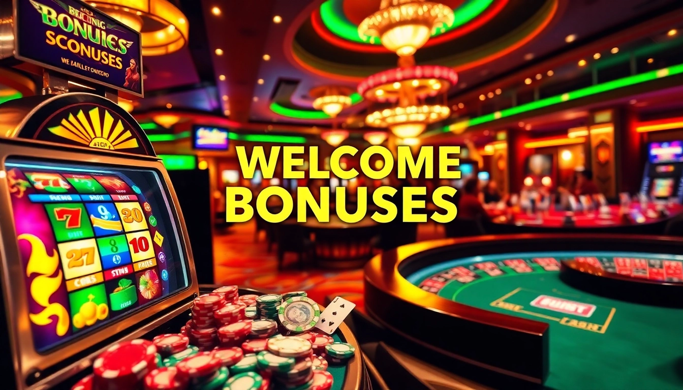 Experience thrilling welcome bonuses at a lively casino with vibrant slot machines.