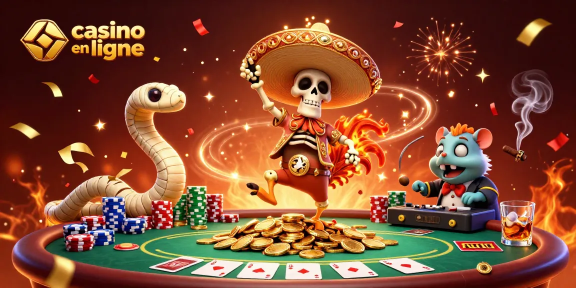 Jouer au casino en ligne avec un rooster mariachi dans une scène festive entourée de jetons de poker colorés.