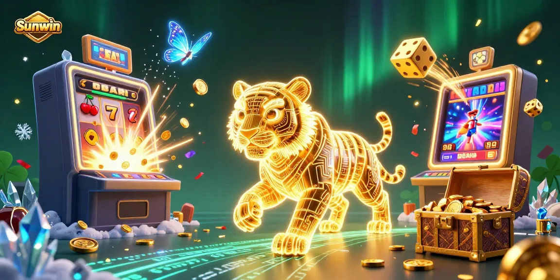 Experience the thrill of Sunwin with a dynamic casino scene featuring a neon tiger and winning symbols.