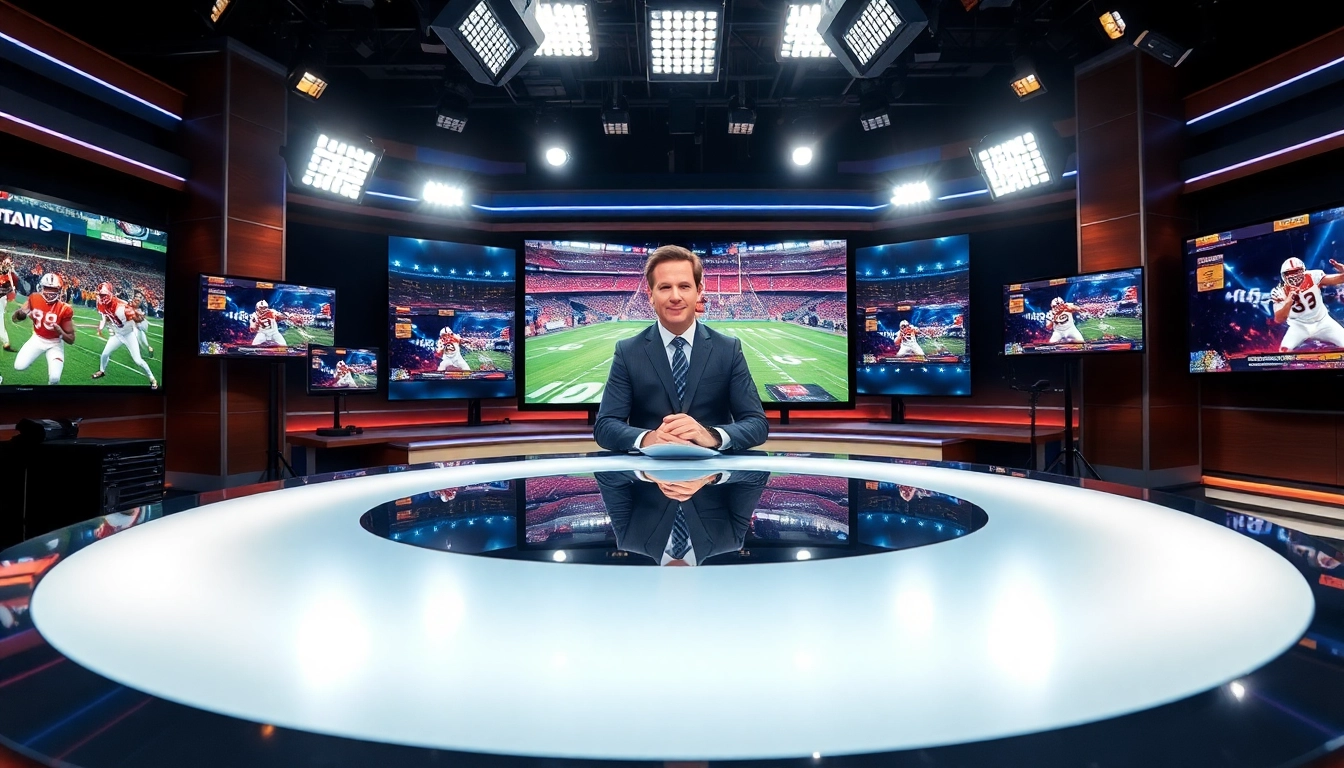 Sports Broadcasting professional preparing in a vibrant studio with dynamic visuals.