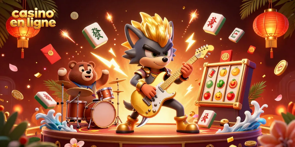 Animation dynamique de casino en ligne avec un loup rock star et un ours batteur, illuminée de confettis et d'éléments de jeu.
