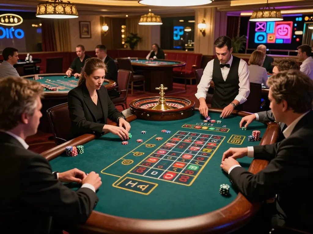 manclub players engaging in thrilling roulette game with vibrant casino lights
