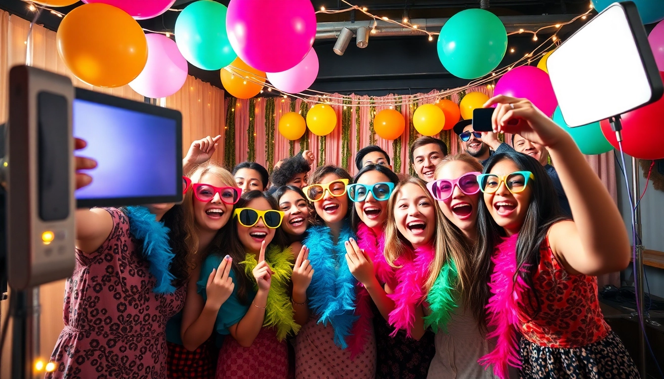 Enjoy moments at a vibrant photo booth chicago with friends and fun props in a festive setting.