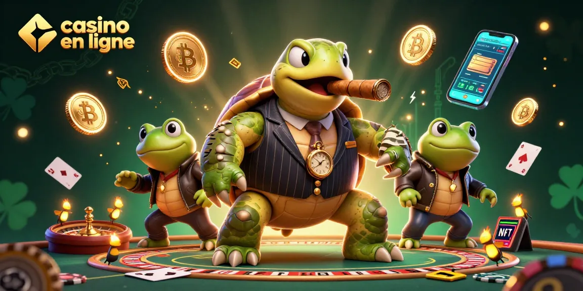 Scène animée d'une tortue massive en costume de gangster, entourée de grenouilles taureau et d'éléments de casino en ligne.