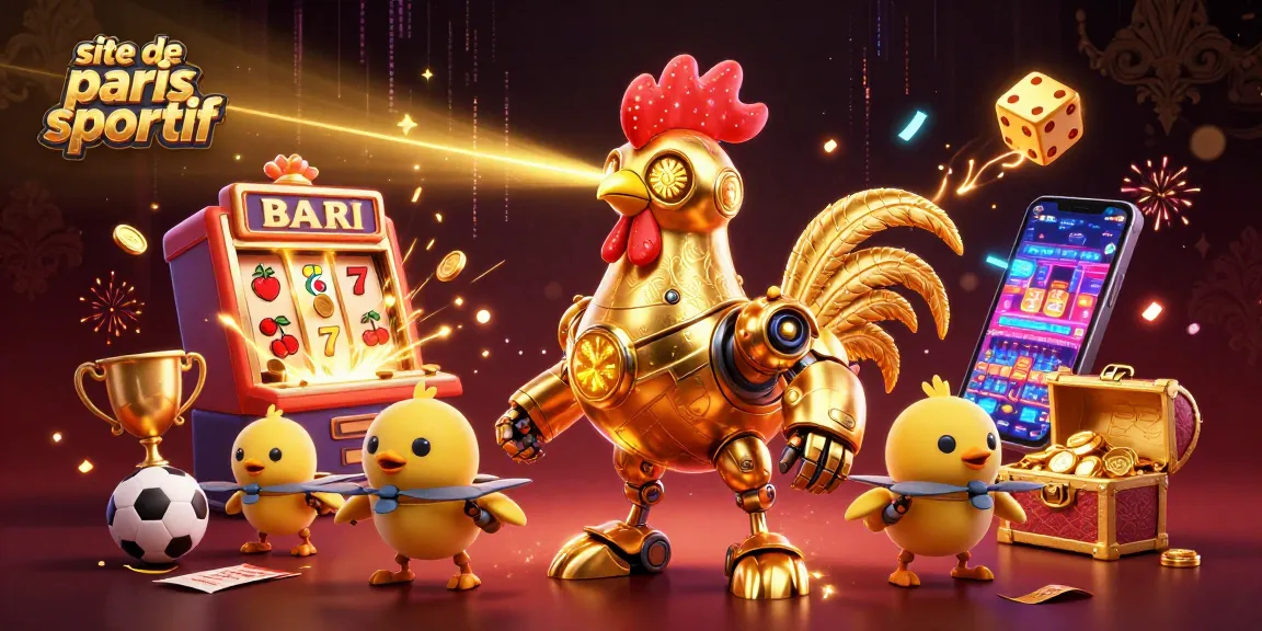 Visuel dynamique d'un site de paris sportif avec un robot d'or et des éléments de jeux