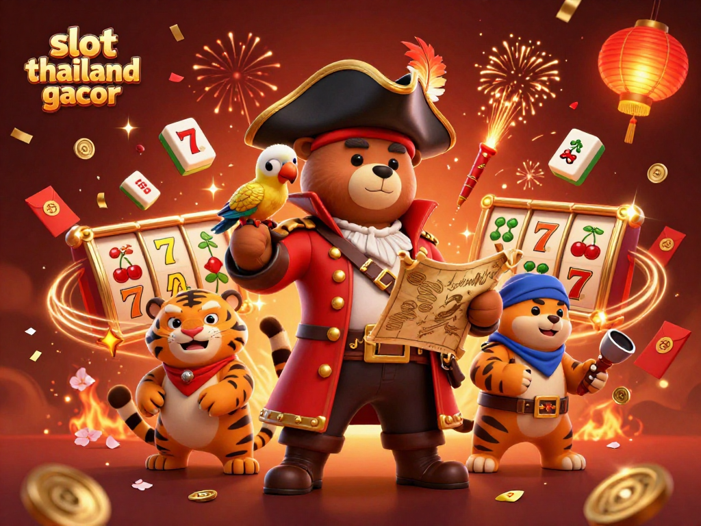 Experience slot thailand gacor excitement with vivid characters, spinning reels, and dynamic festive elements.