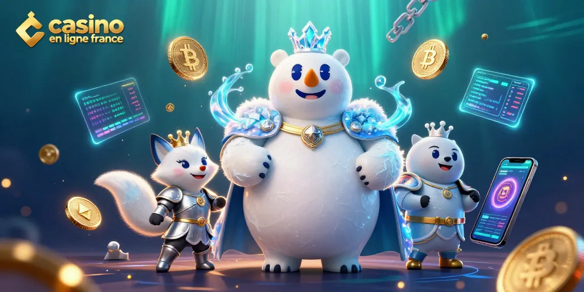 Exploration du casino en ligne France avec des personnages animés et des crypto-monnaies brillantes