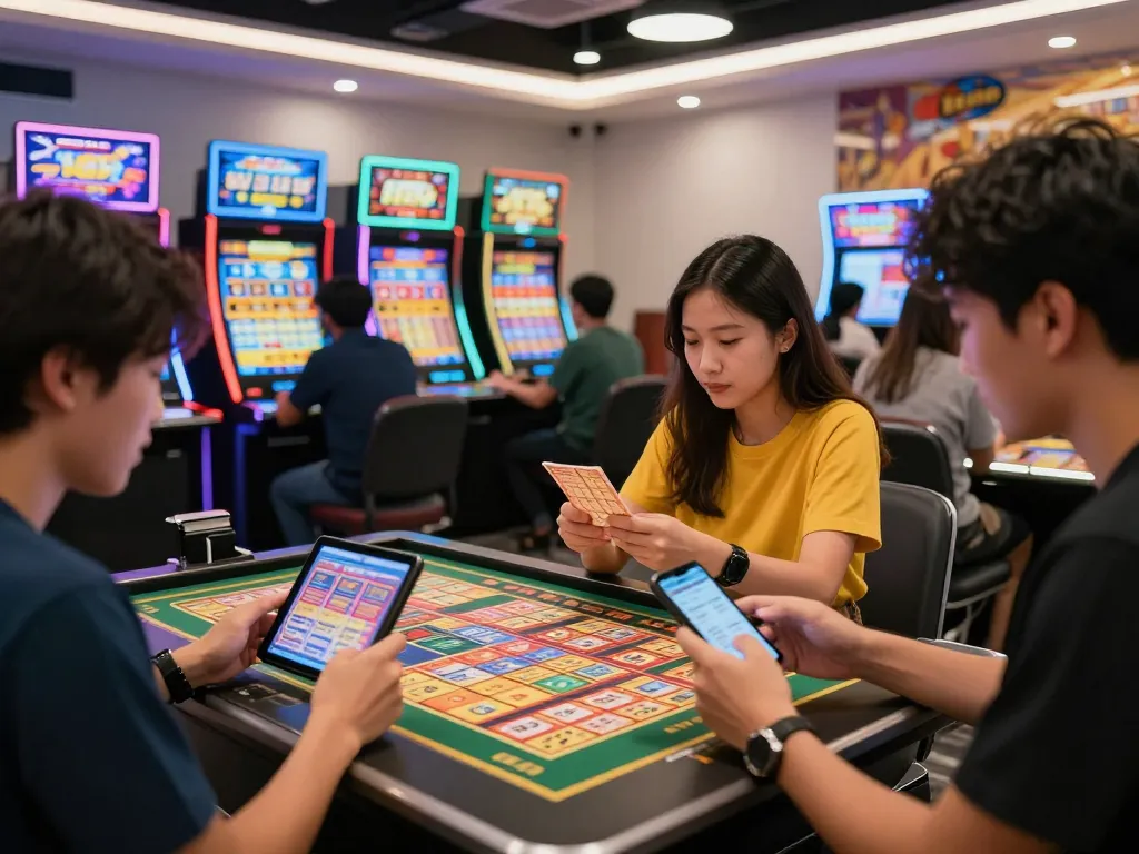 A group enjoying a lively Agen Togel lottery game in a bright, modern gaming room.